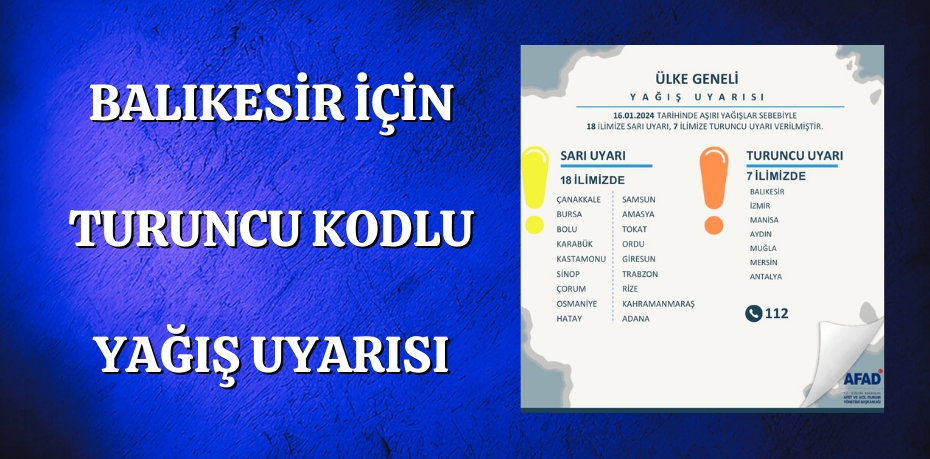 Balıkesir için Turuncu kodlu yağış uyarısı